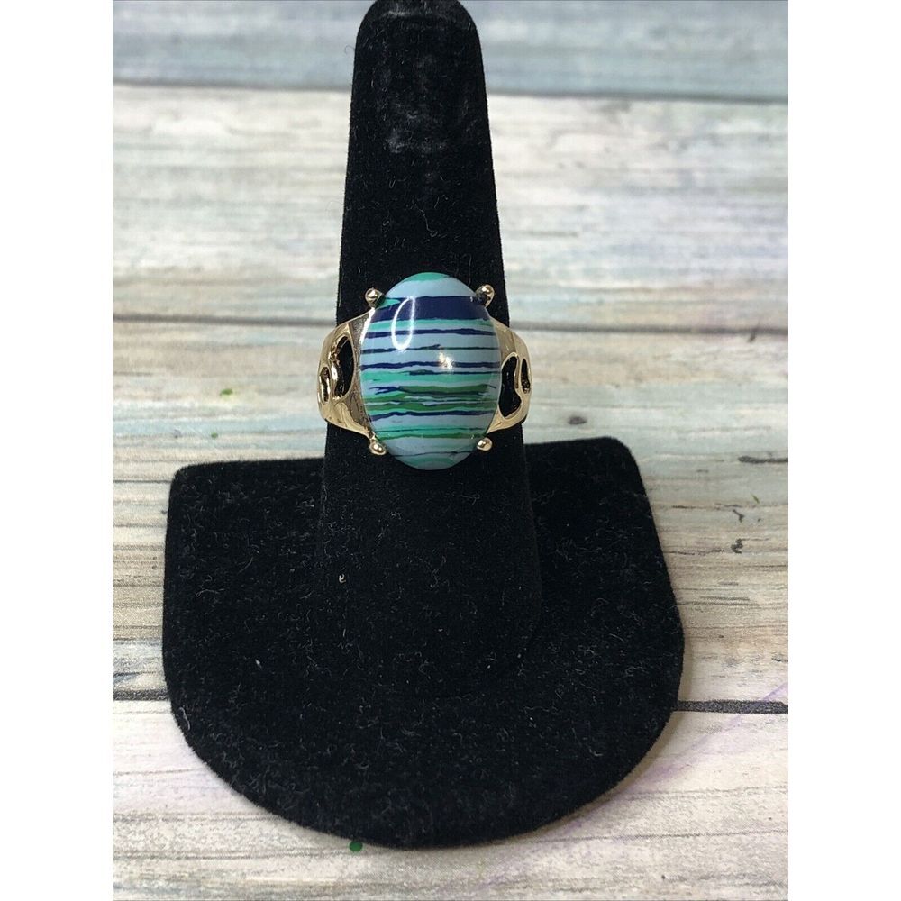 Blue Green calsilica stone Gold Tone Cutout‎ Fashion Ring NWOT size 7.75